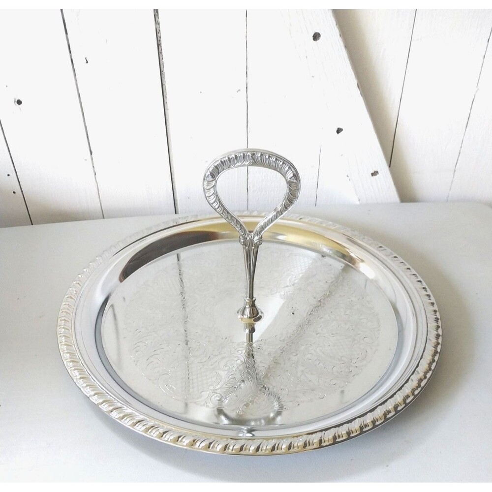 Vintage Irvinware Silver Plated Ornate Design Braided Rim 12" Round Serving Tray